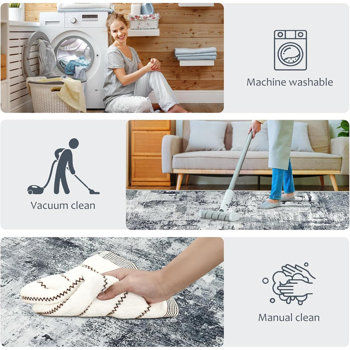 Килим для вітальні та спальні 160x230 см, сірий, короткий ворс, абстрактний, вінтажний дизайн, легко миється, не слизький