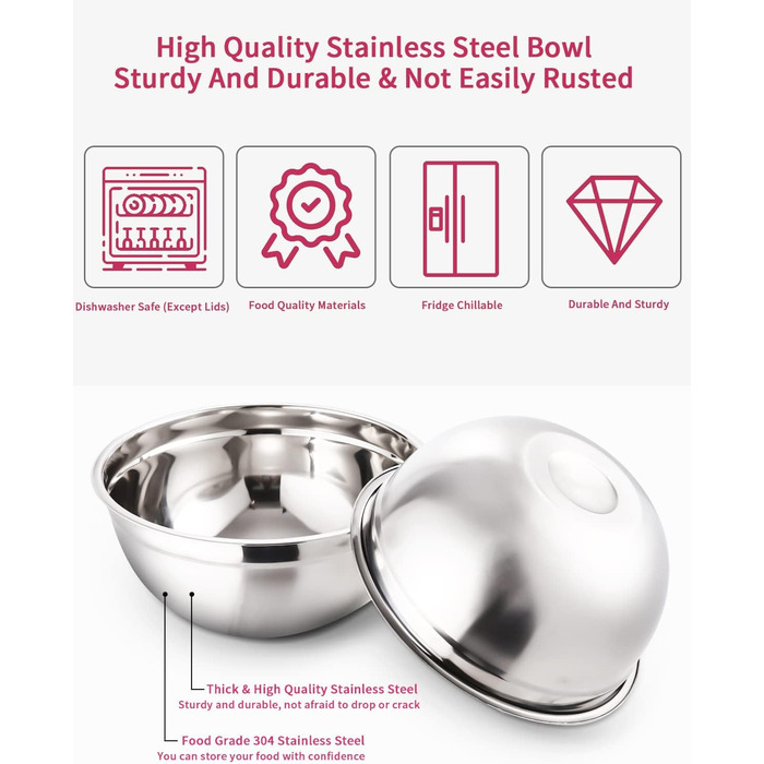 Set of 7 stainless steel bowls with colorful lids, mixing bowls, salad bowls, stackable for minimal storage, essential cooking, kitchen utensils