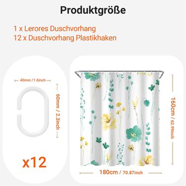 Штора для ванної кімнати 240x200 см, квіти, антигрибкова, водовідштовхувальна, поліестер, з кільцями для душу (М'ятний)