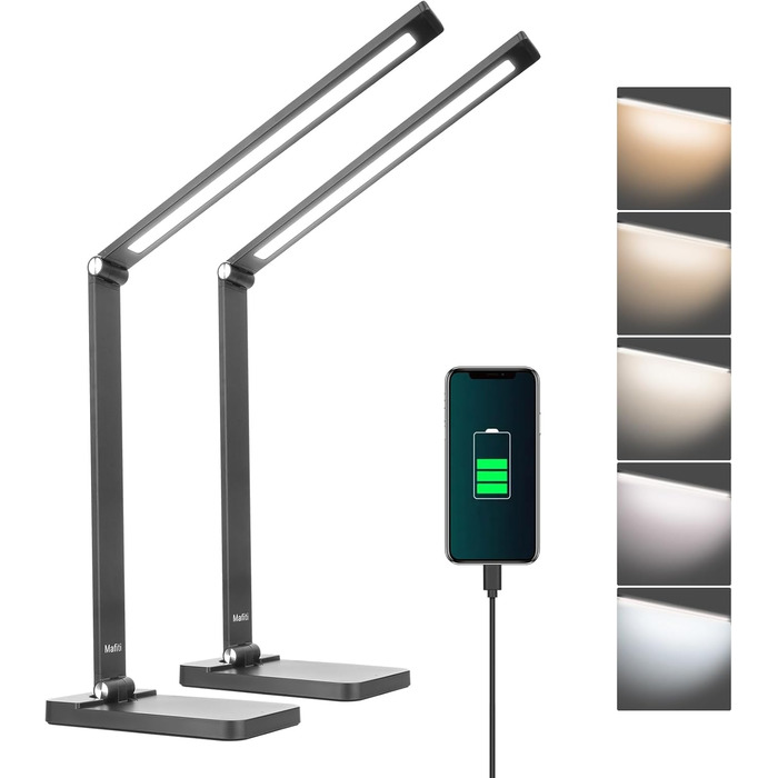 LED настільна лампа Mafiti з регулюванням яскравості, 5 кольорів та 3 рівні, для читання, дітей, офісу, чорна (MT-856, 2 шт.)