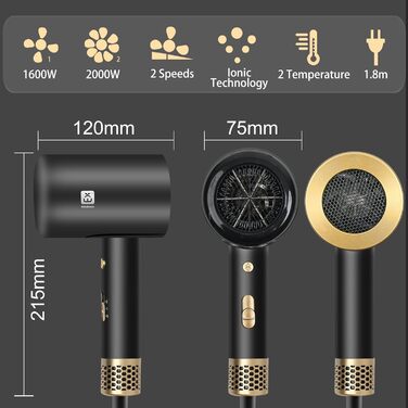Професійний фен 2000W з 2 режимами температури та 2 швидкостями, насадкою-концентратором, кнопкою холодного повітря для дому, салону краси та подорожей (чорний)