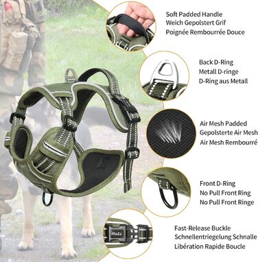 Нашийник для собак HEELE з посиленим кріпленням, світловідбиваючий, з м'якою ручкою, для контролю, 2 металеві кільця, для малих, середніх та великих собак, армійський камуфляж, зелений, M M MC-Armee Grün