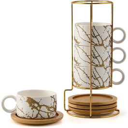 Набір келихів для еспресо LUKA з блюдцем та металевою підставкою (4 шт.), 118 мл, кераміка, мармуровий візерунок білий