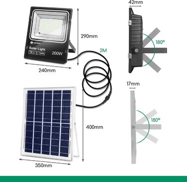 Aigostar Solar Flood Light Outdoor, Super Bright LED Floodlight with Solar Panel, Cool White 6500K, IP66 Protection Rating Solar Floodlight Spotlight Outdoor Floodlight for Garden, Door, Yard, Garage, etc. (200W)