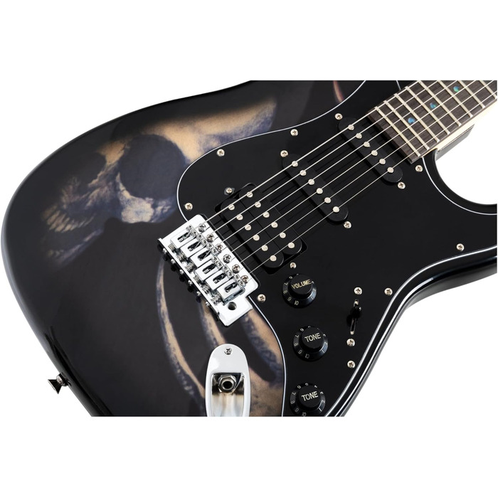 Електрогітара Rocktile Pro ST60-SKULL з дизайном черепа (Humbucker, 2 Single Coils, 22 лади, гриф з рожевого дерева, корпус з липи, гриф з клена)