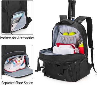 DSLEAF Tennis Backpack for 2 Rackets - Multi-Sport Bag with Ventilated Shoe Compartment - Tennis, Pickleball, Badminton, Squash - Black
