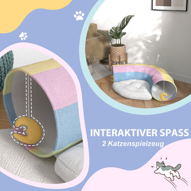 PawHut Тунель для котів, іграшка для котів, 2 іграшки, 1 м'який лежак, грайливий дизайн, 105 см x 65 см x 28 см, різнокольоровий