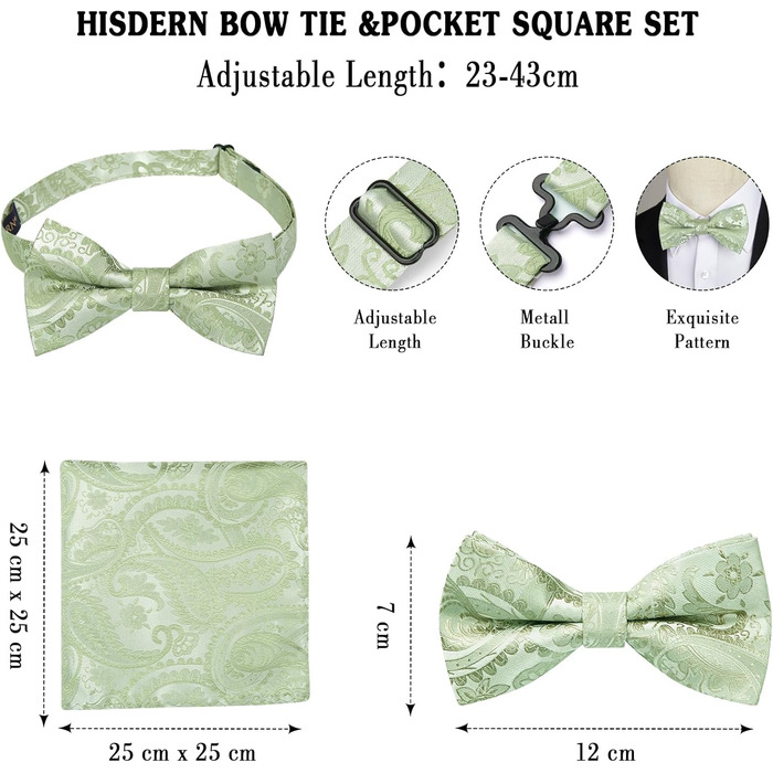 HISDERN Комплект краватки з візерунком пава, нагрудного хустинки та краваткових затискачів для чоловіків. Ідеально підходить для весілля, свят, Різдва, Хелловіну. Колір: салатовий.