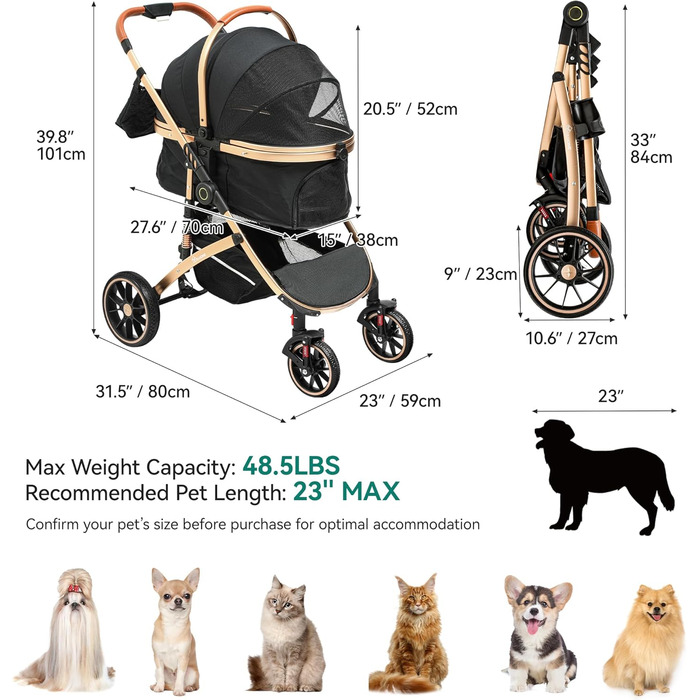 Візок для собак YITAHOME 3 в 1, до 22 кг, чорний. Складаний, для маленьких собак та котів