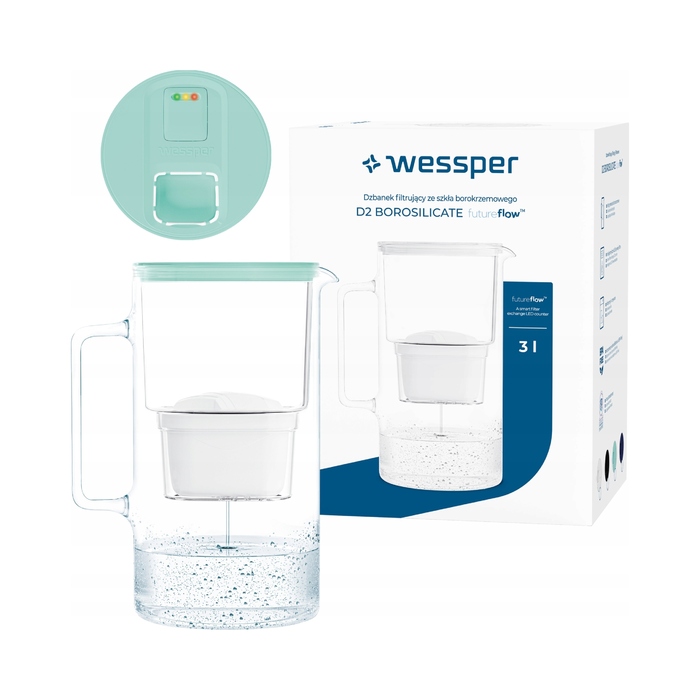 Скляний фільтраційний глечик Wessper D2 BOROSILICATE FF 3л, м'ятний + фільтр