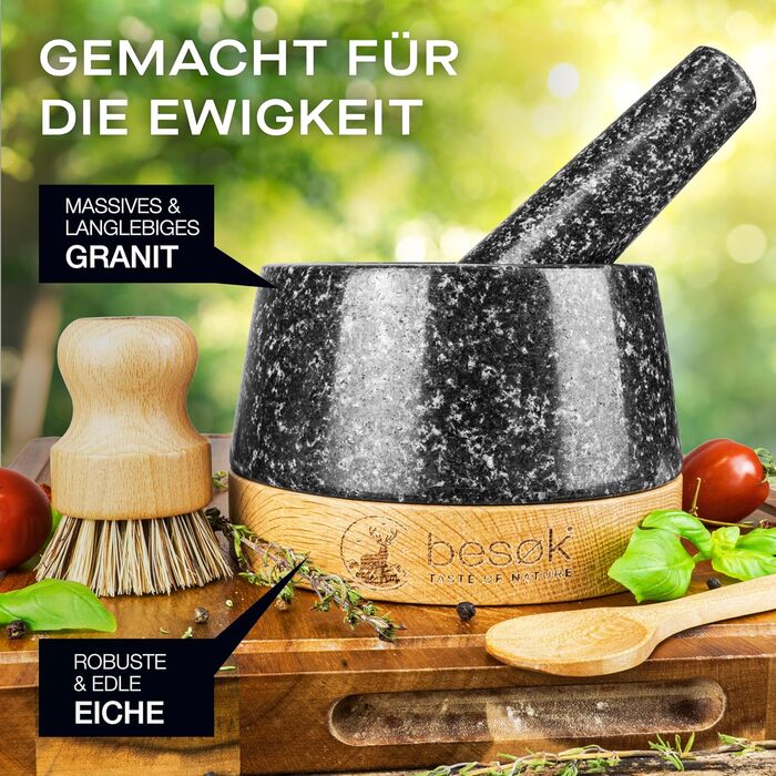Гранітний млинок для спецій з товкачем, щіткою, рецептами та дерев'яною підставкою - 350 мл
