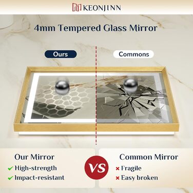 Дзеркало для ванної кімнати Keonjinn з підсвічуванням, чорний металевий каркас 60x80 см, LED, антизапар, сенсорне керування, 3 кольори світла, регулювання яскравості, пам'ять, настінне дзеркало