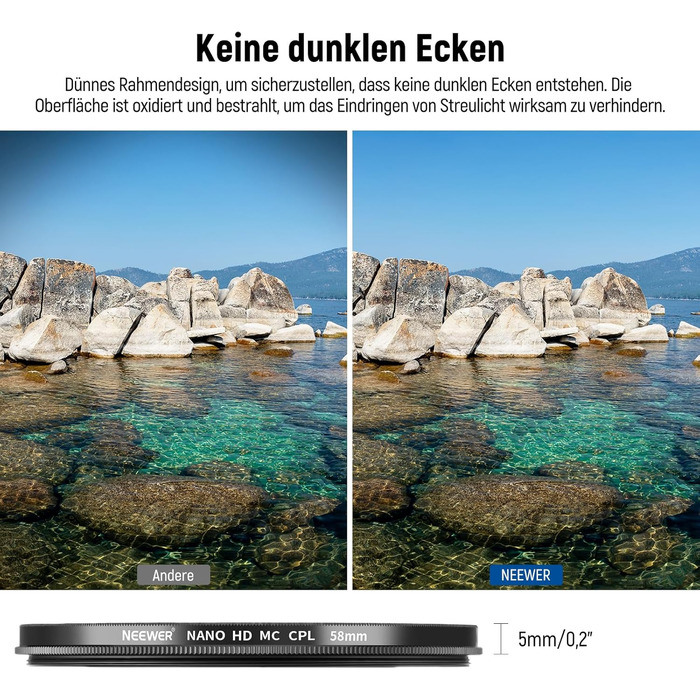 NEEWER Поляризаційний фільтр CPL 58mm для об'єктивів камери - зменшує відблиски, покращує контраст, HD скло