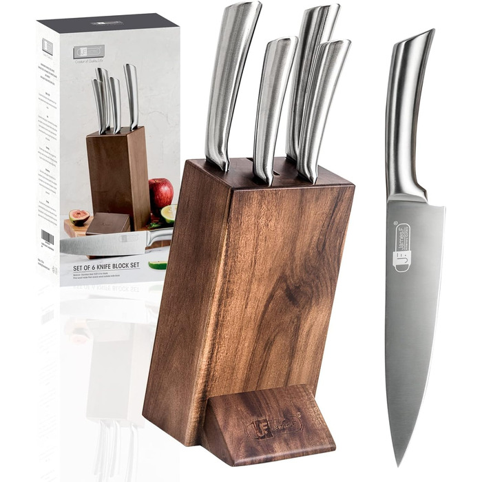 Набір кухонних ножів JF JAMES.F з дерев'яним блоком, 5 предметів: гострі ножі з нержавіючої сталі, ергономічні, для кухні, кухонний набір, подарунок