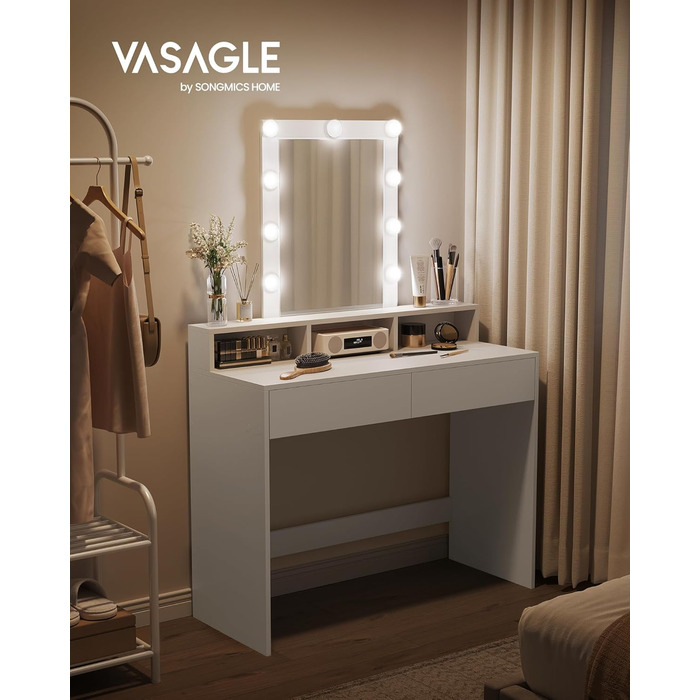 VASAGLE туалетний столик з LED-підсвіткою, регульована яскравість, дзеркало, 2 шухляди, 3 відкриті ніші, сучасний білий косметичний стіл 100x145 см