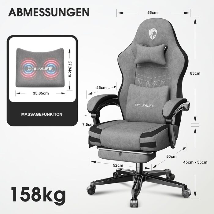 Крісло геймерське Douxlife з масажем, розширене сидіння, ергономічне, для офісу та дому, 158 кг, сірий (світло-сірий)