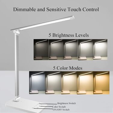 LED настільна лампа з димуванням, 5 рівнів яскравості, 5 кольорів, USB, таймер, сенсорне управління, пам'ять, для дітей, дівчаток