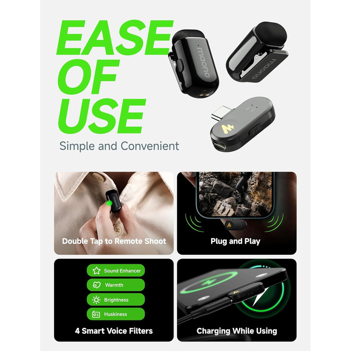 Мікрофон MAONO Wave T1 Mini USB-C: Бездротовий мікрофон для iPhone, Android, YouTube, Vlog (30 годин роботи)