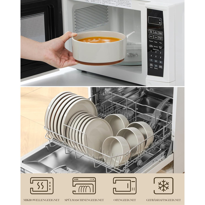 MALACASA Набір посуду з каменю 18 предметів для 6 осіб, керамічний сервіз з глазур'ю Сезам, набір тарілок та мисок, білий з коричневою основою, білий