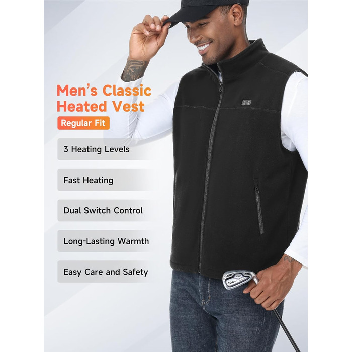 Обогріваючий жилет/куртка з підключенням до Powerbank, Microfleece, 6 зон нагріву, 3 режими температури, для жінок та чоловіків, чорний