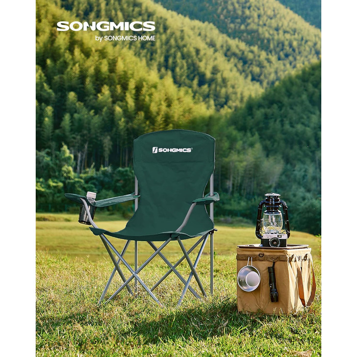SONGMICS 2-Pack Folding Chair Camping Chair Folding Chair Comfortable Heavy-Duty Construction Max. Load Capacity 150 kg with Cup Holder Outdoor Chair (Dark Green)