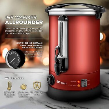 Glühwein Cooker 6.8L / 1500W Canning Machine made of Stainless Steel Glühwein Kettle Glühwein Machine Hot Beverage Machine Hot Water Dispenser (30 Liter, Red)