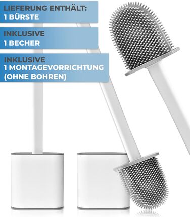 Силіконова щітка для унітазу MUVEN® з плоскою та гнучкою насадкою, швидковисихаючий тримач та гумові виступи - щітка для унітазу на стіну без свердління (білий, матовий)