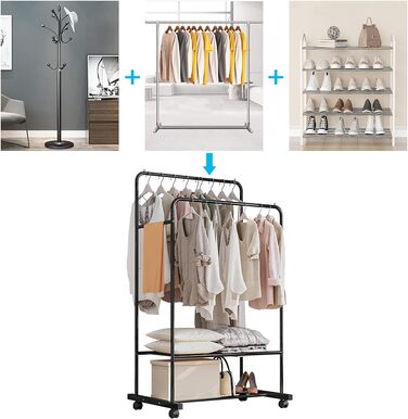 Clothes Rack, Rolling Garment Rack with 2 Clothes Rods, 2 Shelves for Boxes (Black)