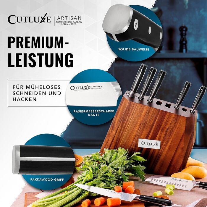 Набір ножів CUTLUXE Artisan Serie 8 предметів з бруском: кухарський ніж, сантoku, ніж для м'яса та інші. Виготовлено з високоякісної вуглецевої сталі, повнорозмірний клинок, блок з натурального акації.