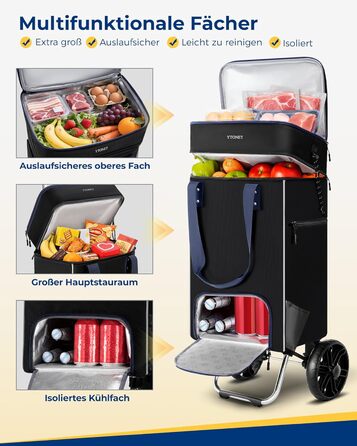 Тролей для покупок Ytonet: складаний, з відділенням для охолодження, 55 літрів, 68 кг, 3-в-1 (сумка-тележка, сумка для покупок), чорний