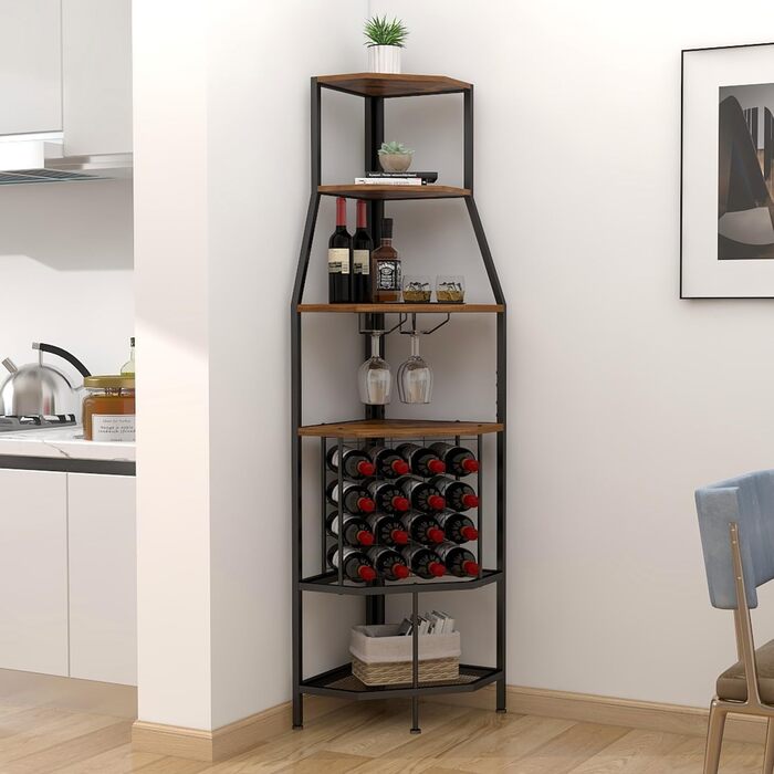 VEDECASA Corner Wine Rack Freestanding 5-Tier Corner Bar Shelf with Glass Holder and Wine Storage Industrial Wine Rack Wine Bar Cabinet for Kitchen Bar Cellar Dining Room vintage brown-black