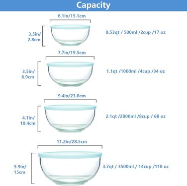 4-Piece Glass Bowl Set with Lids, Glass Mixing Bowl Set (3.5L, 2.0L, 1.0L, 0.5L), Large Salad Bowl with Lid, Oven, Microwave and Dishwasher Safe