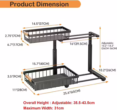 Metal Kitchen Cabinet Organizer 2 Tier, Adjustable Height Under Sink Shelf Bathroom Vanity Under Sink Cabinet with 2 Sliding Drawers, Cleaning Supplies Dish Soap Organizer for Household, Bathroom (2)