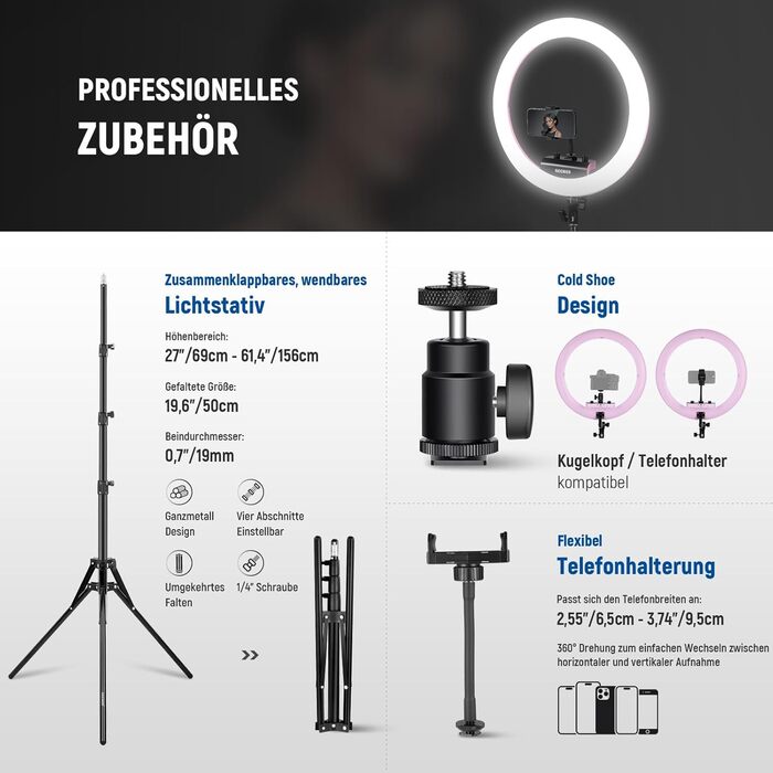 NEEWER Комплект кільцевого світла для фото та відео: 48 см, 52 Вт, регульоване LED світло, штатив, Bluetooth, рожевий (RP18B Pro)