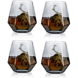 Diamond Whisky Glasses 4-Piece Set, Tilted Scotch Glasses, 300 Ml, Modern Look for Men, Women, Dad, Husband, Friends, Glassware for Bourbon/Rum/Bar Tumbler, Smoke Grey 4