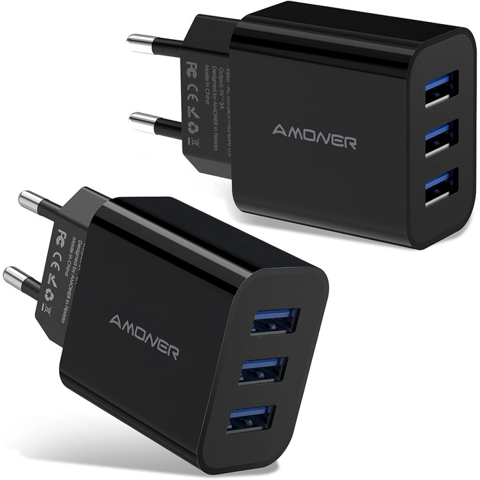 Мережевий адаптер Amoner USB 3-портовий 15W, 2 шт. для iPhone 14/13/12/11/X/8 та інших пристроїв, чорний
