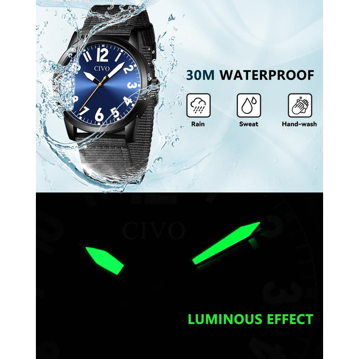 Чоловічий годинник CIVO з великими цифрами: аналоговий класичний годинник на зап'ясті з великими цифрами - водостійкий кварцовий військовий годинник для чоловіків з підсвічуванням - подарунок для чоловіків, людей похилого віку з поганим зором (B1 Чорний)