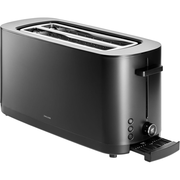 ZWILLING ENFINIGY Toaster with 3 automatic programs, 7 browning levels, and an auto-off function, long-slot toaster for 4 short or 2 long slices, with a roll holder attachment, Black with attachment Black