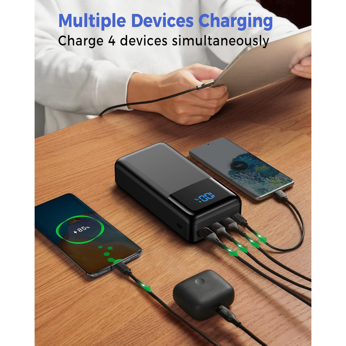 Power Bank 60000mAh з LED дисплеєм, 22.5W швидка зарядка, 4 виходи USB-C, чорний