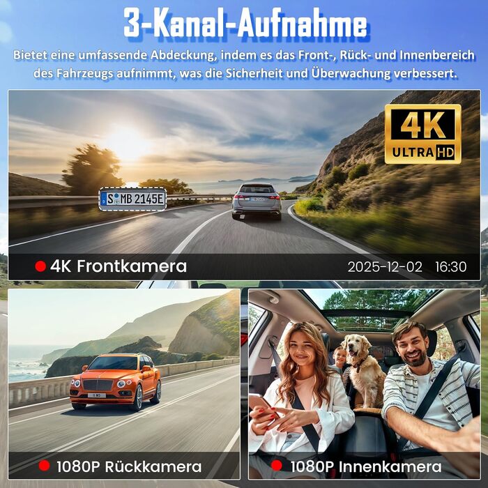 Автомобільний відеореєстратор 4K + 1080P з передньою та задньою камерами, 64GB SD карта, 5GHz WiFi, 1.97