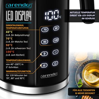Електричний чайник Arendo з регулюванням температури, нержавіюча сталь, подвійні стінки Cool Touch, дисплей, бездротовий, 2200 Вт, 1,7 л, захист від перегріву, функція підтримання тепла, чорний