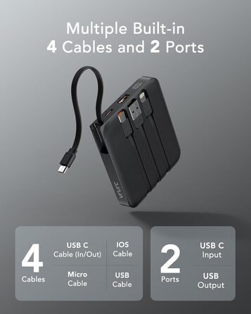 Power Bank VRURC 10000mAh з кабелем: компактний павербанк USB-C, швидка зарядка 22.5W, LED-дисплей, сумісний з iPhone, Huawei (зелений, чорний)
