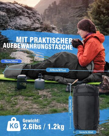 Спальний мішок 3-4 сезони, водонепроникний, ультралегкий, 220*75см (чорний) - для кемпінгу, подорожей, походів