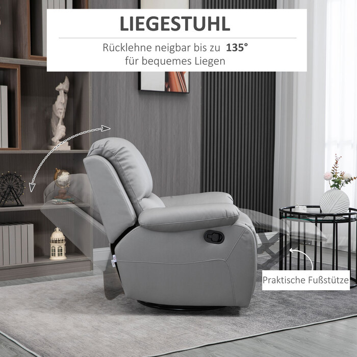 HOMCOM Swivel Recliner TV Chair, 135° Reclining with Footrest, Polyester, Grey, Up to 150 kg (220 lbs), 72x71x60cm (28x28x24 inches) for Comfort and Relaxation