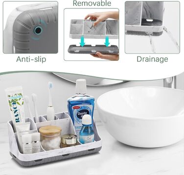 Тримач для зубних щіток у ванну кімнату: органайзер для електричної зубної щітки та пасти, 7 відділень, сірий мармур