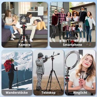 Штатив для камери XXZU 188 см, складаний, з кульковою головкою 360°, для DSLR, телефону, телескопа, чорно-червоний