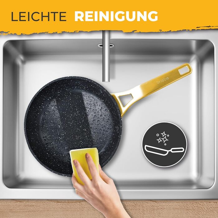 Набір сковорідок Briebe Gold Titanium Set (3 шт.) з титановою поверхнею, антипригарне покриття, для індукційних плит, діаметр 18-20-24 см, коване алюміній, без PFOA, професійні ручки з нержавіючої сталі, сумісний з газовими та склокерамічними плитами