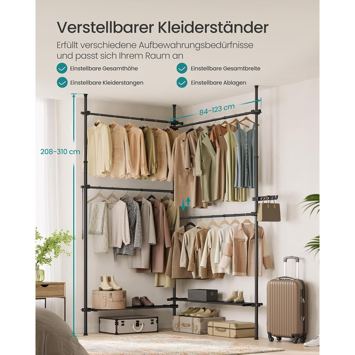 SONGMICS Telescopic Rod Clothes Rack, 3-Tier Wardrobe, Height and Width Adjustable, Open Clothes Closet with 2 Garment Rods and Removable Shelf, Grab Arm, HSR136B01 (Matte Black, 2 Rows (162B~238B) cm)