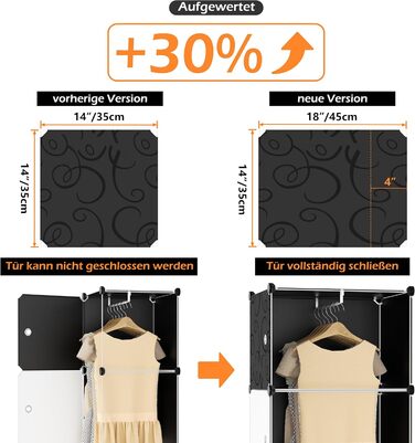 HOMIDEC Closet, Portable Storage System, 20-Cube Plastic Closet with 2 Clothes Rods, Bedroom Closet Wardrobe White for Bedroom, 180 x 142 x 45cm (12 cube, White & Black)