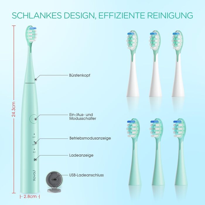 Електрична звукова зубна щітка Ultraschall ET110 (41000 VPM, 70 днів, 6 насадок, таймер, IPX7, зелена)